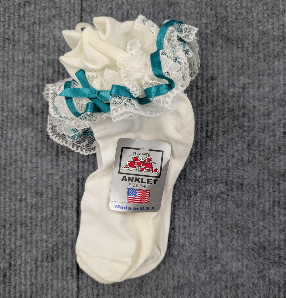 Vintage Two Feet Ahead Nylon Socks Womens 7-8.5 Lace Trim Frilly Girly Retro